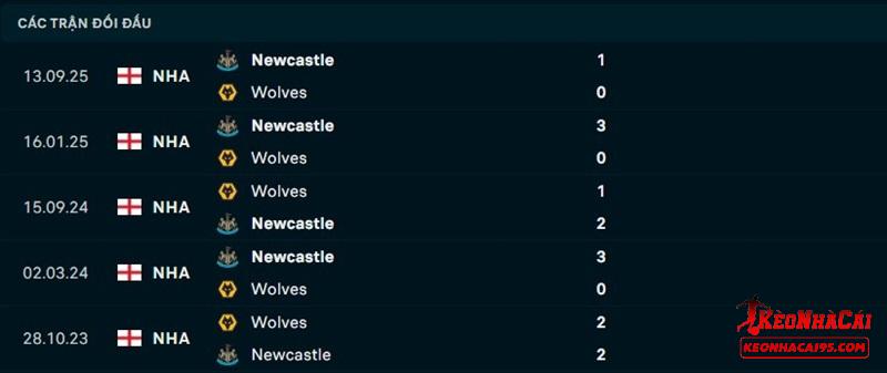 Lịch sử đối đầu Wolves vs Newcastle
